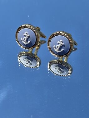 Vintage Wedgwood England Gold Plated Blue Jasperware Anchor Nautical Cufflinks
